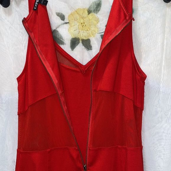 EXPRESS RED V-NECK RAYON/NYLON/SPANDEX REAR ZIP MESH BODYCON DRESS SZ 8 - Picture 14 of 16